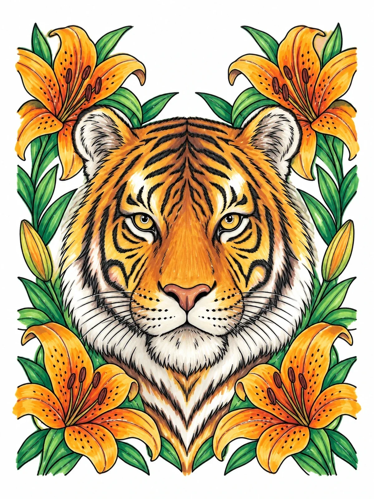 Colored example of the Tiger Portrait With Blooming Tiger Lilies coloring page