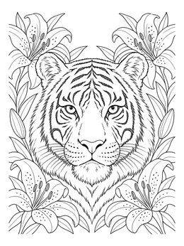 Free printable Tiger Portrait With Blooming Tiger Lilies coloring page