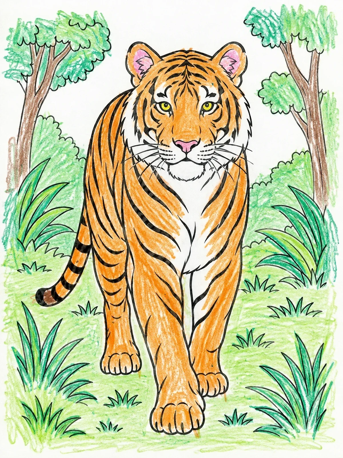 Colored example of the Tiger Prowling Through The Jungle coloring page