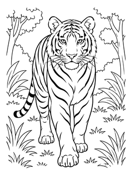 A majestic tiger coloring page walking forward amidst jungle foliage and trees.