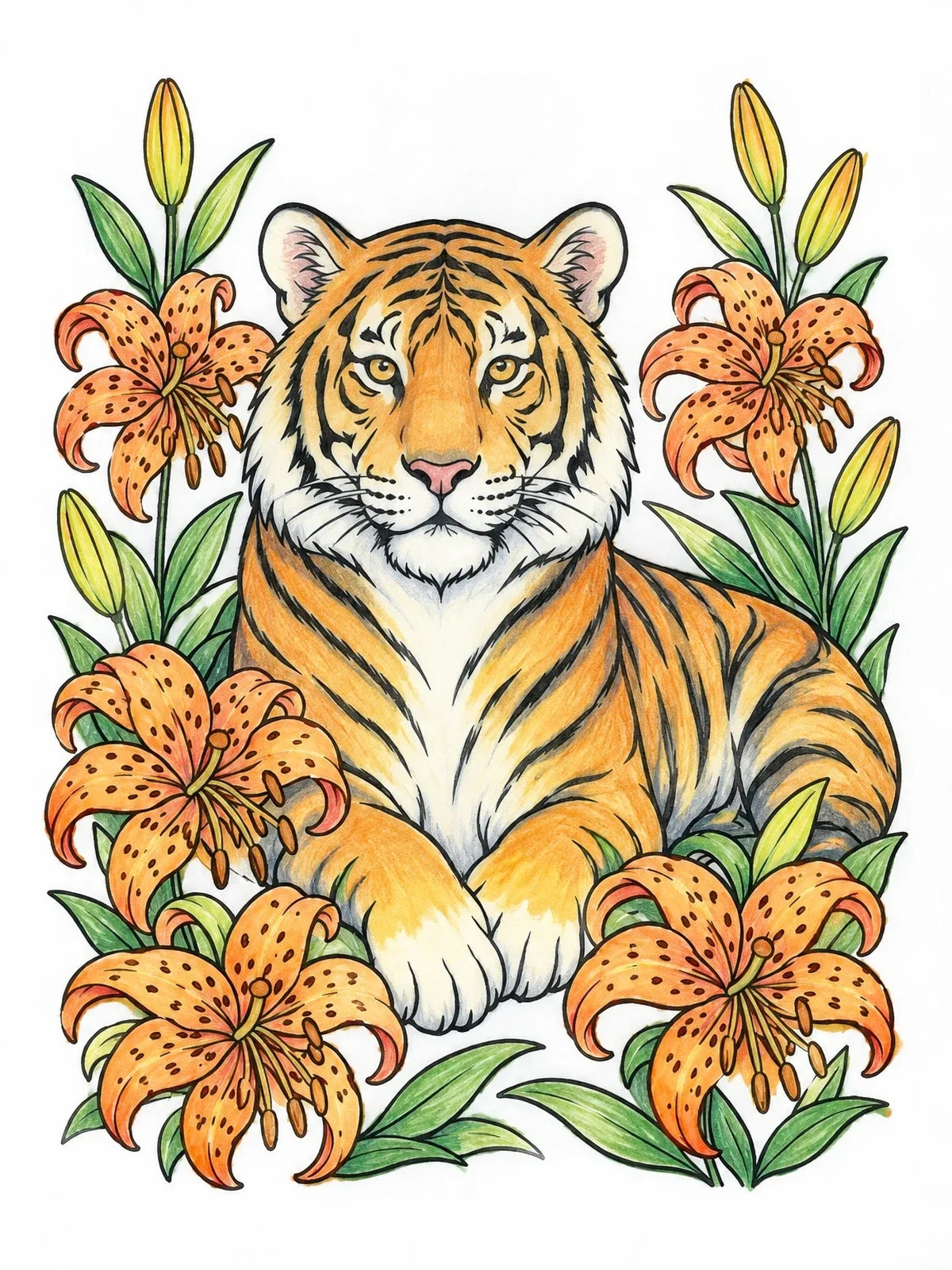Colored example of the Tiger Resting Among Tiger Lilies coloring page