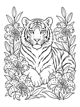 Free printable Tiger Resting Among Tiger Lilies coloring page