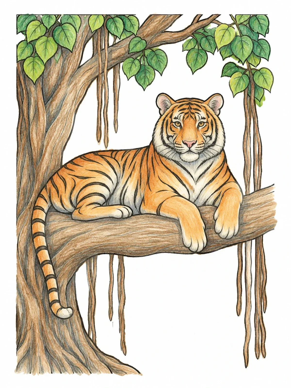 Colored example of the Tiger Resting In A Banyan Tree coloring page