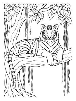 A majestic tiger rests on a sturdy branch in this tiger coloring page.