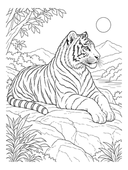 A detailed tiger coloring page showing the majestic animal resting on rocks with mountains in the background.
