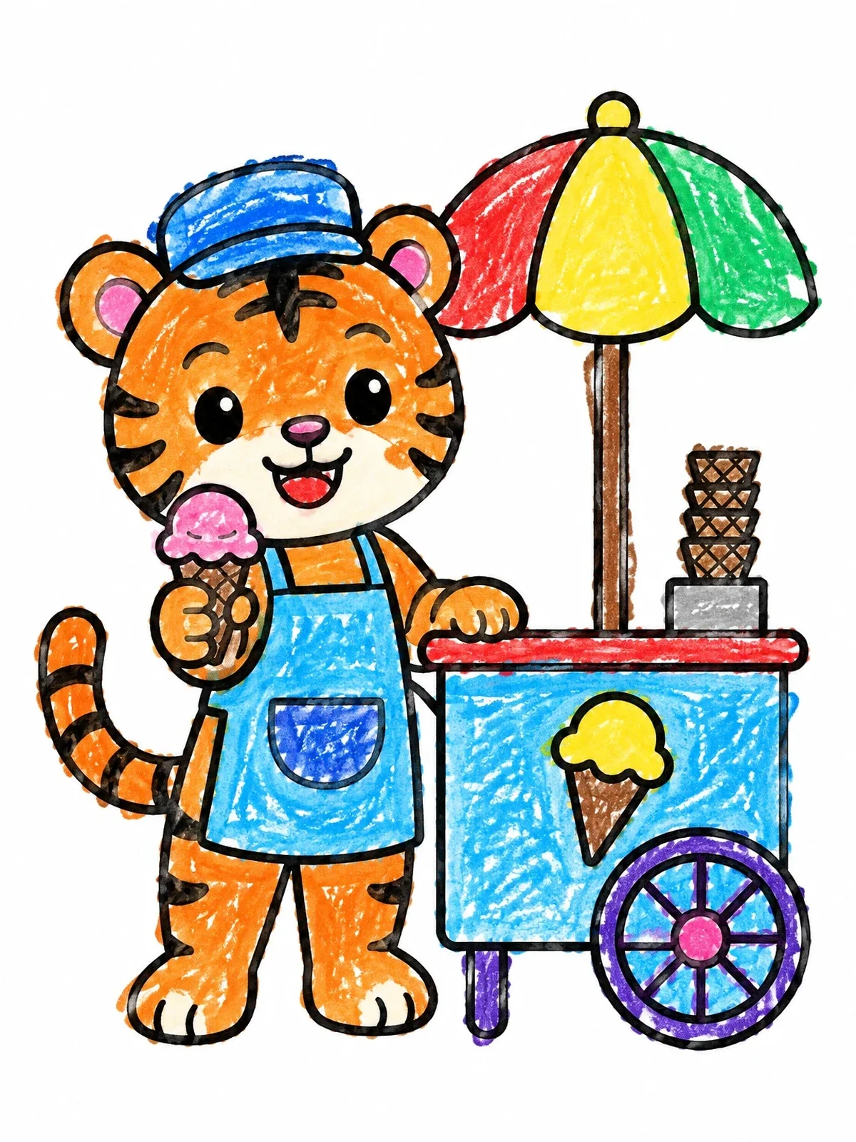 Colored example of the Tiger Selling Ice Cream coloring page