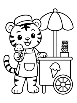 A friendly tiger serves sweet treats in this tiger coloring page.
