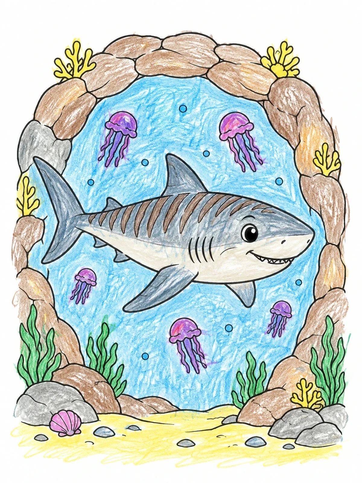 Colored example of the Tiger Shark And Little Jellyfish coloring page