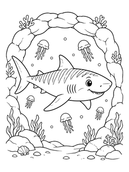 A friendly shark coloring page featuring a tiger shark framed by a stone arch and swimming jellyfish.