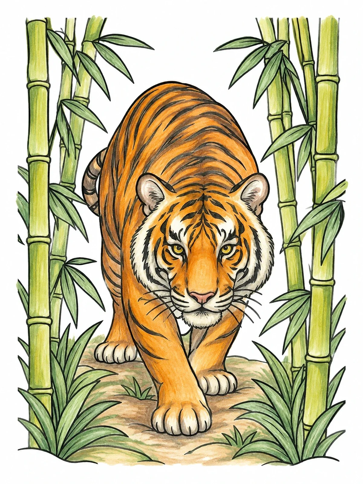 Colored example of the Tiger Stalking Through Bamboo Forest coloring page