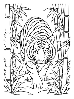 A stealthy tiger coloring page featuring a big cat walking forward through tall bamboo stalks.