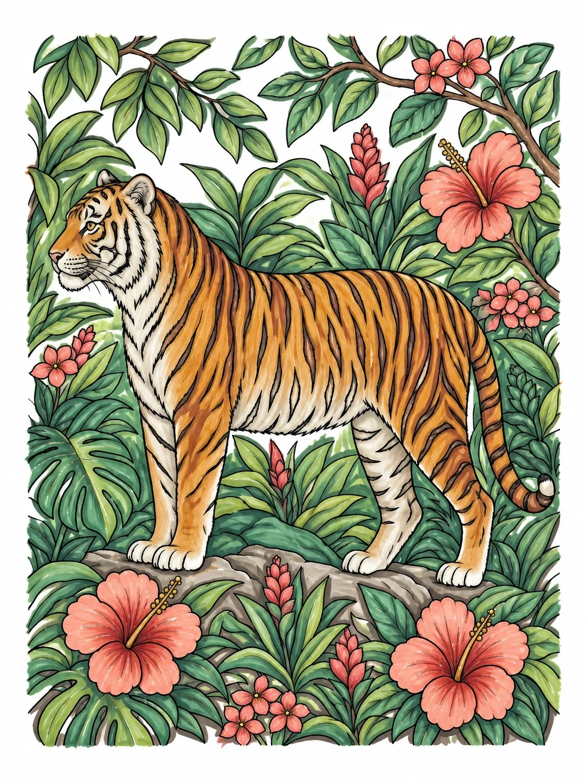 Colored example of the Tiger In Tropical Jungle coloring page