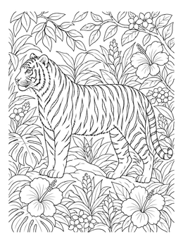 Detailed tiger coloring page surrounded by lush tropical flowers and leaves.