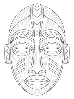 Carved wooden face details on this tiki coloring page.