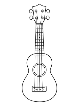 A simple tiki coloring page depicting a four-string wooden acoustic ukulele.