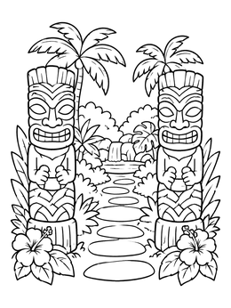 Free printable Tiki Statues Along Garden Path coloring page
