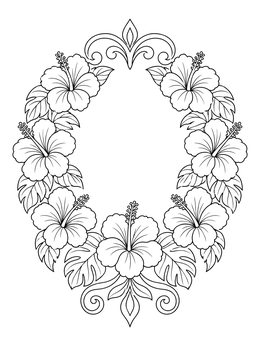 An ornate hibiscus wreath in this tropical tiki coloring page.