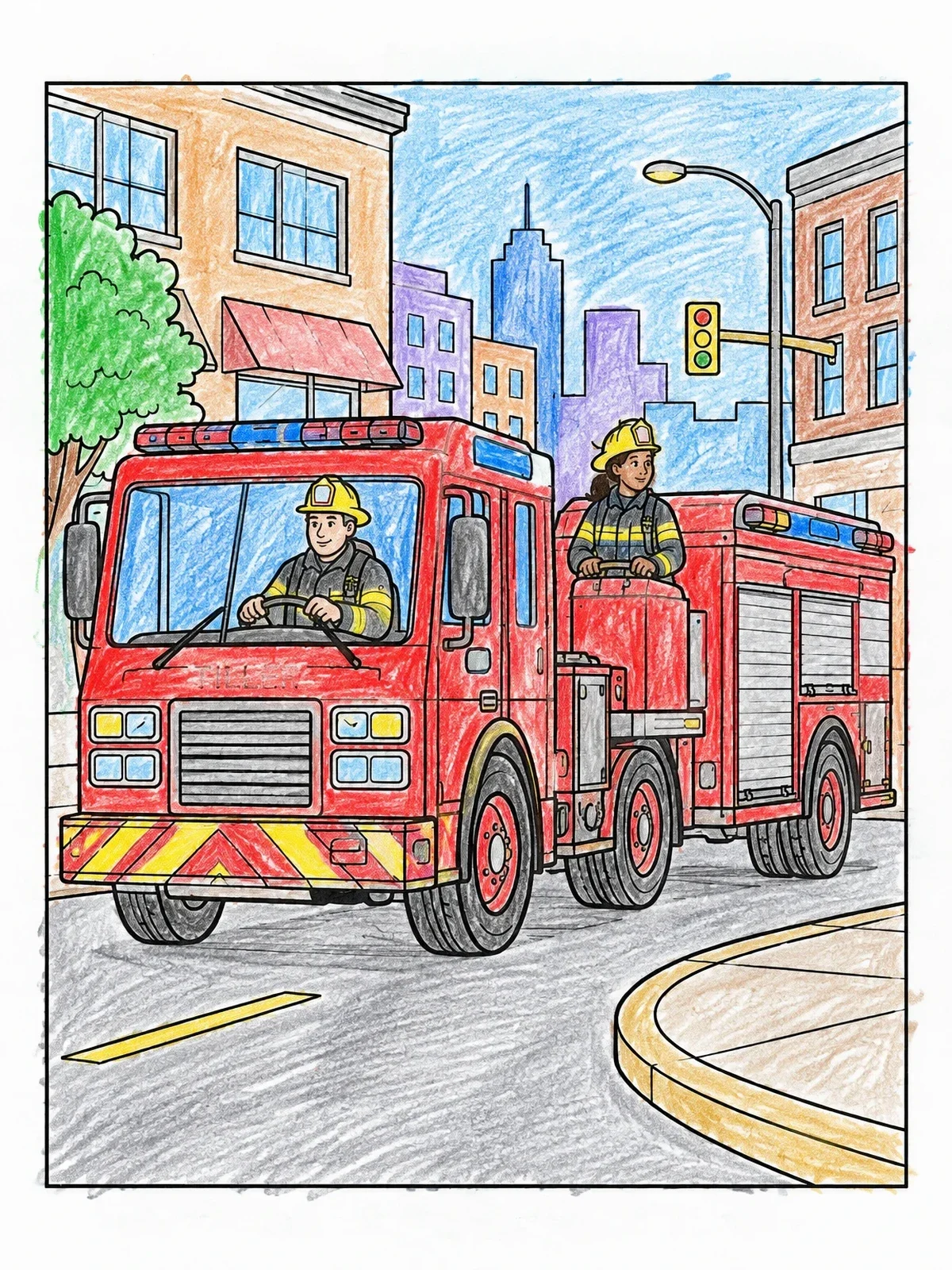 Colored example of the Tiller Fire Truck On City Streets coloring page