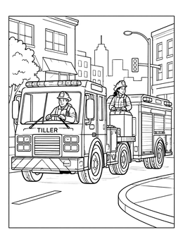 A fire truck coloring page showing a tiller truck with two firefighters navigating city streets.