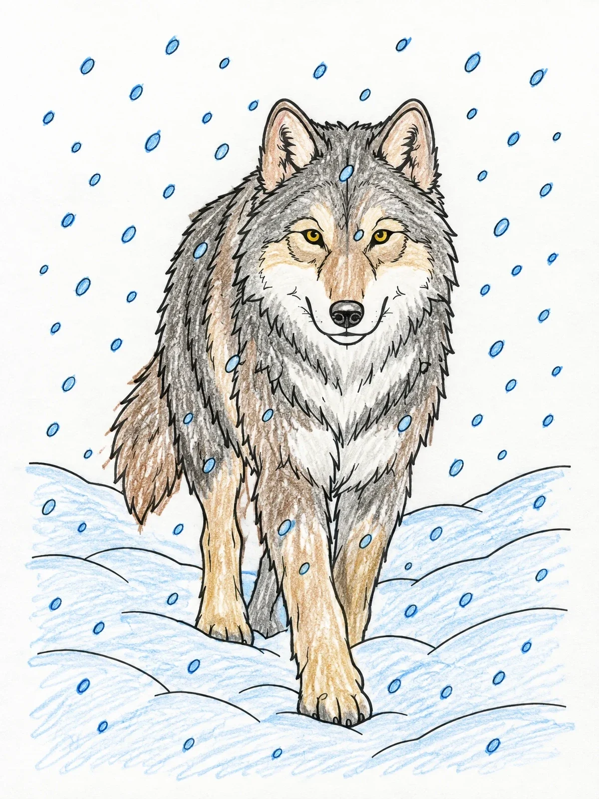 Colored example of the Timber Wolf In Winter Snowstorm coloring page