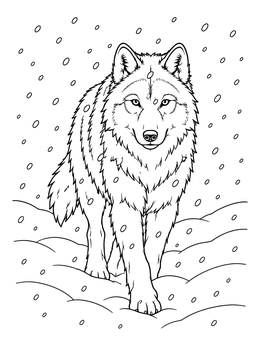 A detailed wolf coloring page showing a timber wolf walking through snowfall.