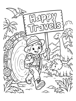 Free printable Time Traveling Explorer With Dinosaurs coloring page