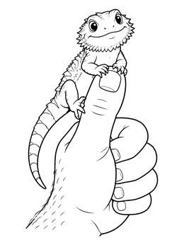 A cute baby bearded dragon coloring page perched comfortably on a person's thumb.