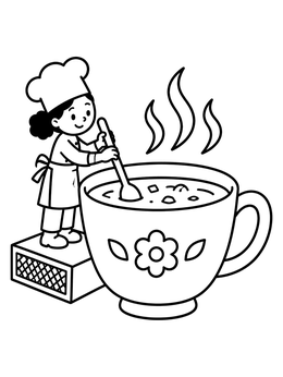 Free printable Tiny Chef Stirring Giant Teacup Soup coloring page