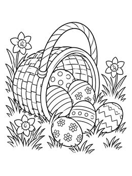 Woven basket spilling patterned eggs on this easter eggs coloring page.