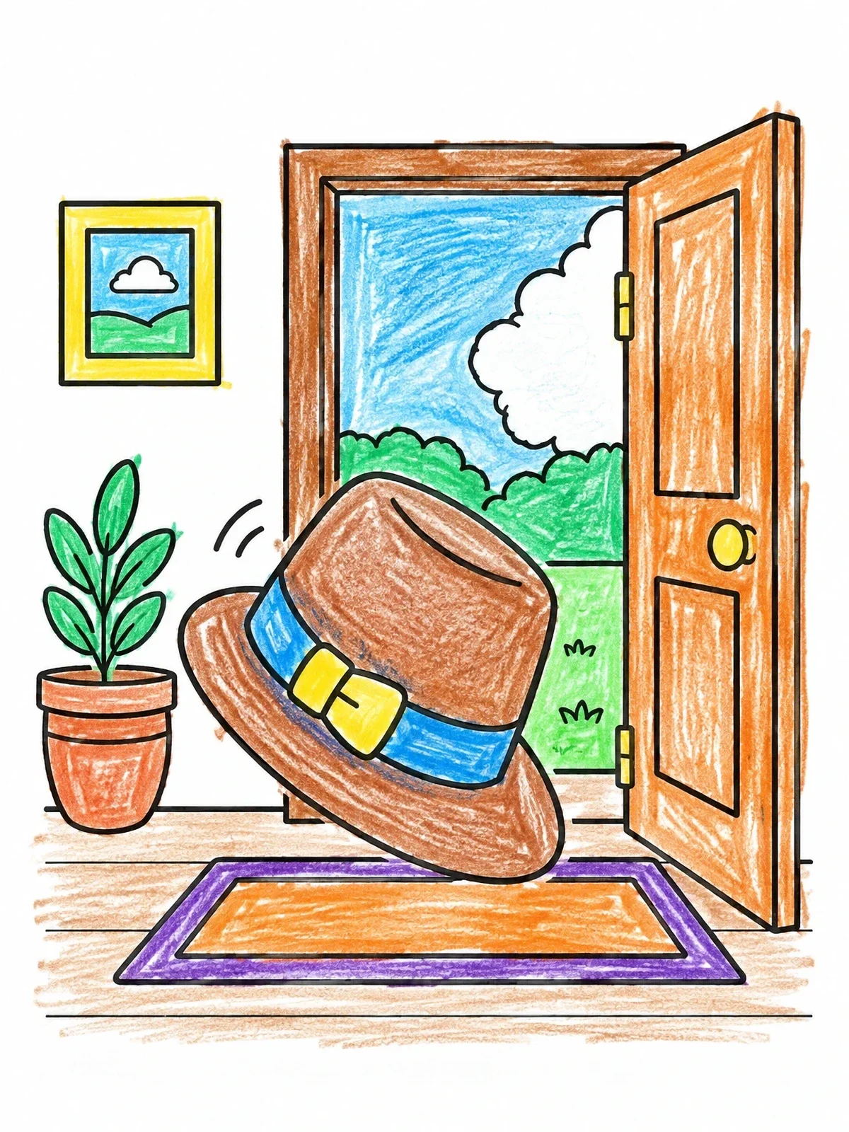 Colored example of the Tipping Hat By The Open Door coloring page