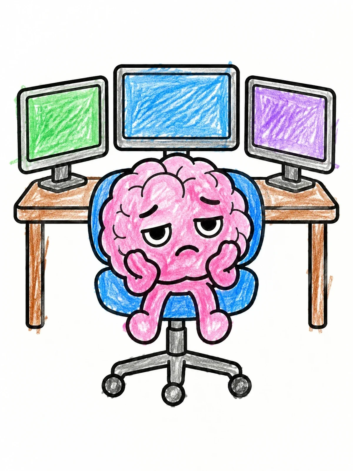 Colored example of the Tired Cartoon Brain At Computer Desk coloring page