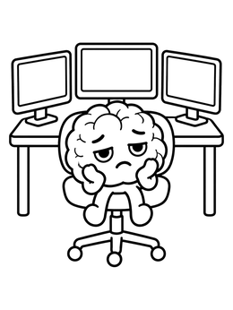 Free printable Tired Cartoon Brain At Computer Desk coloring page