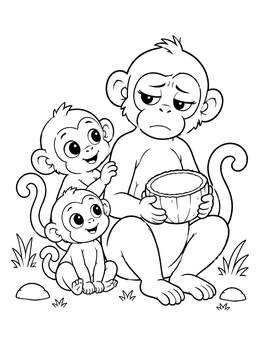A tired mother and two happy babies in this monkey coloring page.