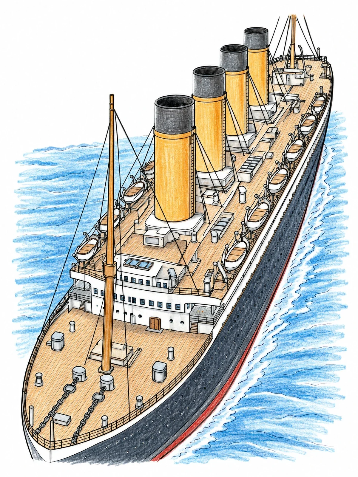 Colored example of the Titanic Aerial Deck View coloring page