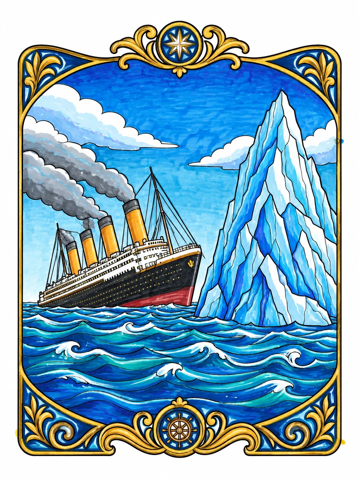 Colored example of the Titanic Beside Towering Iceberg coloring page