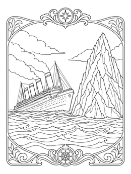 Free printable Titanic Beside Towering Iceberg coloring page