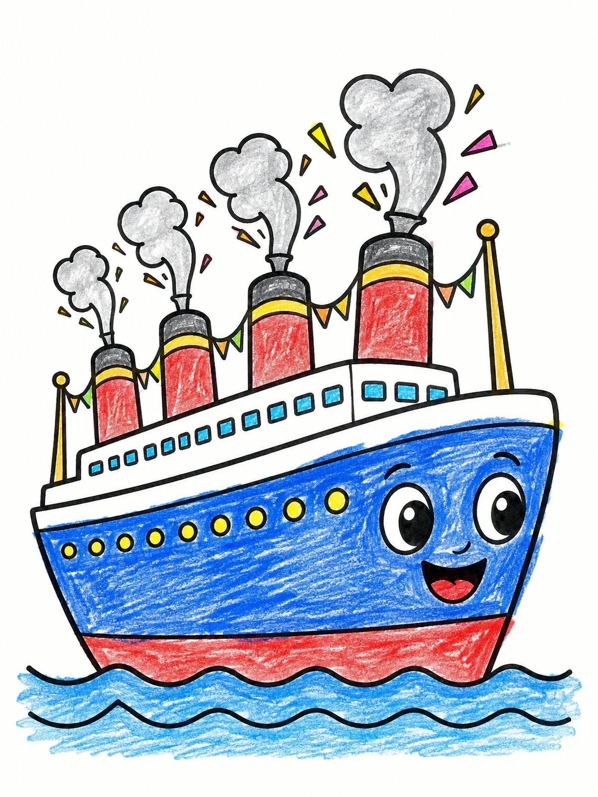 Colored example of the Cheerful Cartoon Ocean Liner coloring page