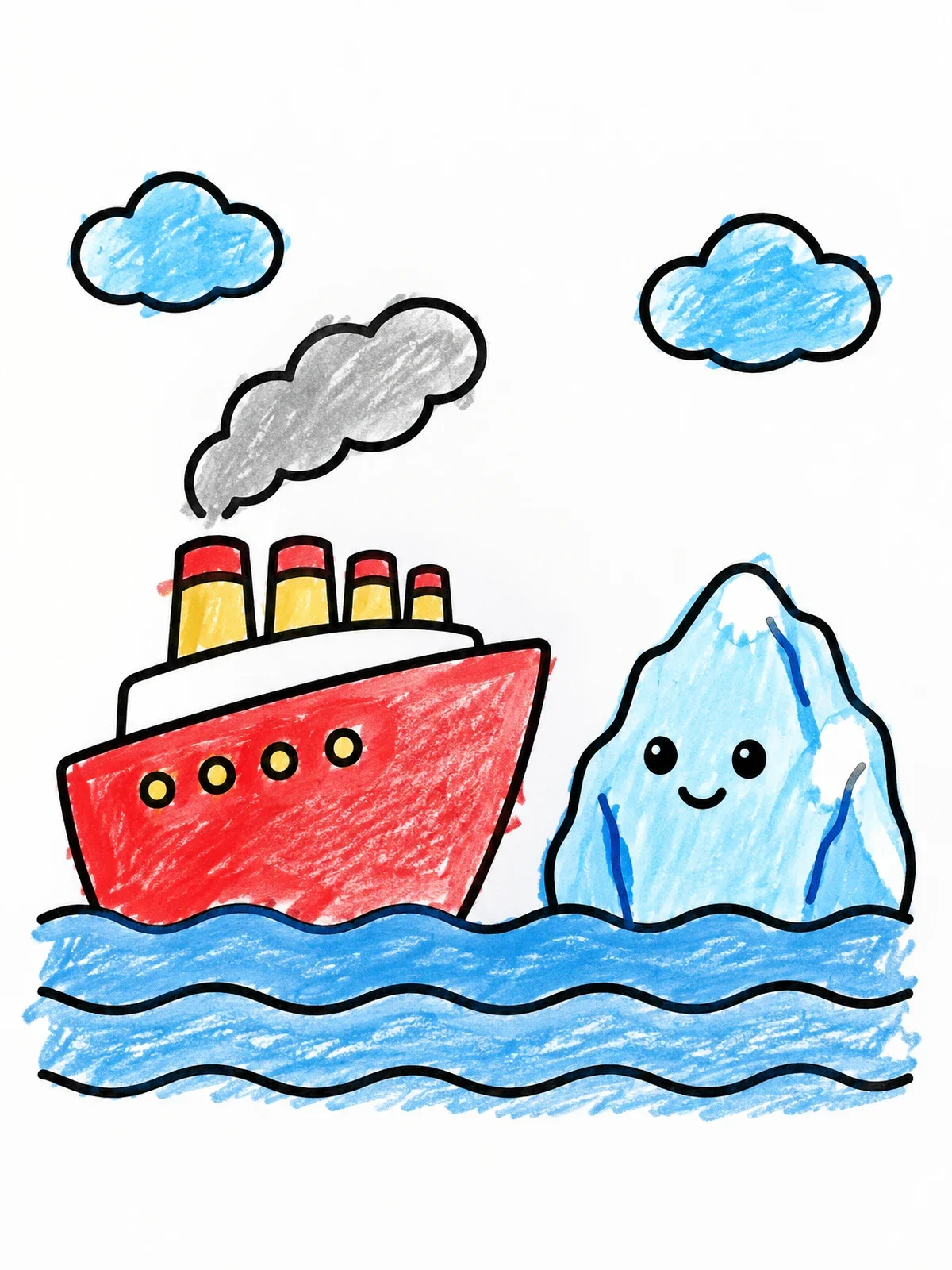 Colored example of the Cute Ocean Liner And Smiling Iceberg coloring page