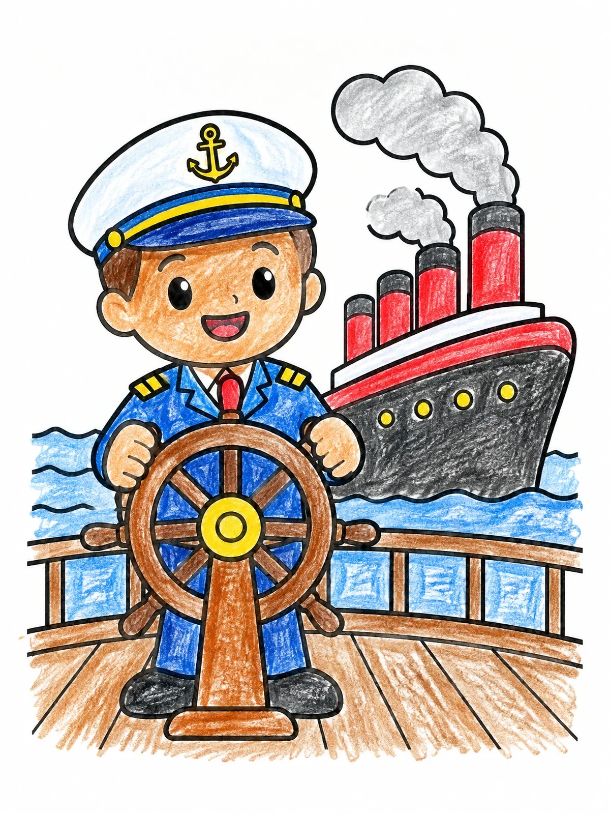 Colored example of the Cute Ship Captain Steering At Sea coloring page