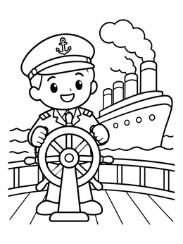 Free printable Cute Ship Captain Steering At Sea coloring page