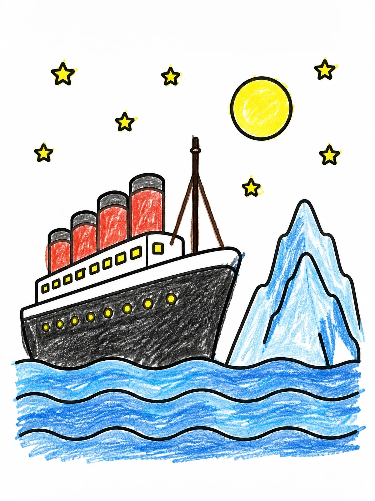 Colored example of the Titanic Sailing Past An Iceberg coloring page