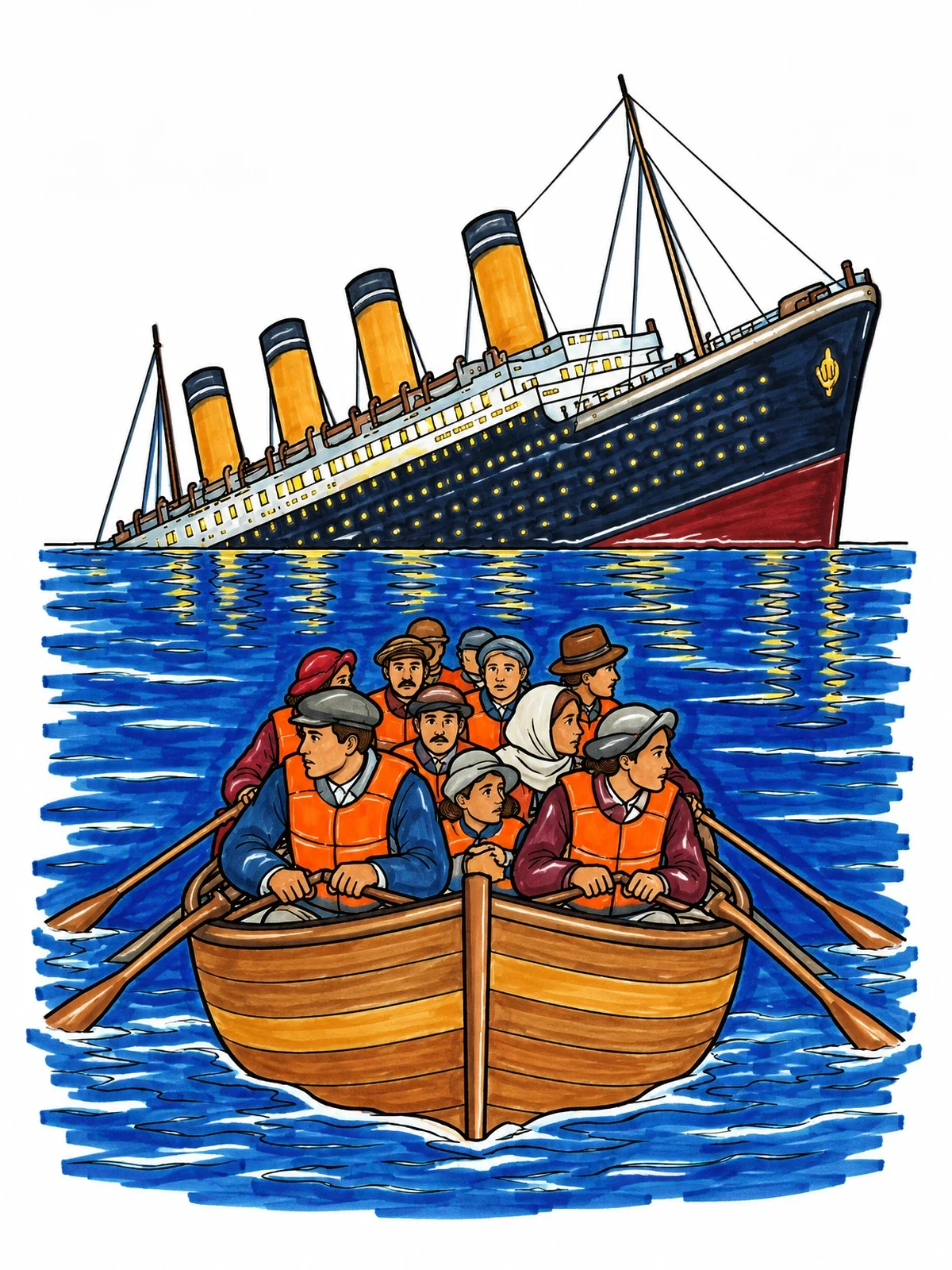 Colored example of the Lifeboat Leaving The Sinking Titanic coloring page
