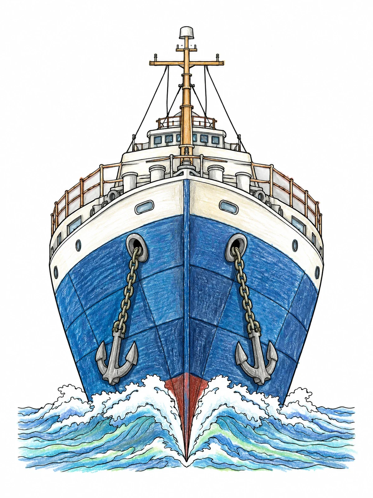 Colored example of the Front View Of Ocean Liner Bow coloring page