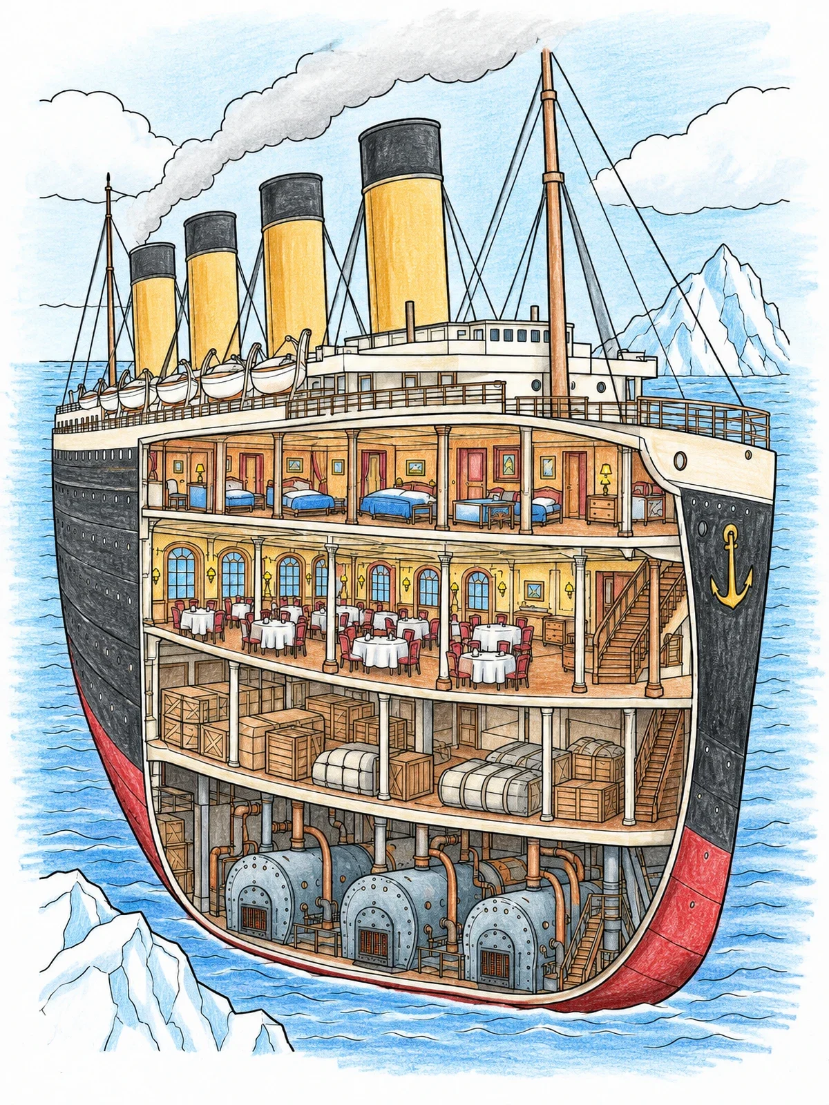 Colored example of the Titanic Ocean Liner Cross Section coloring page