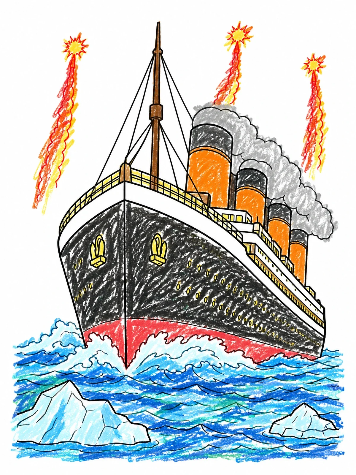 Colored example of the Titanic Sailing Past Icebergs With Flares coloring page