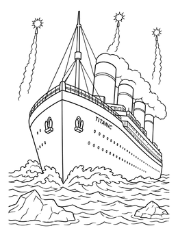 Free printable Titanic Sailing Past Icebergs With Flares coloring page