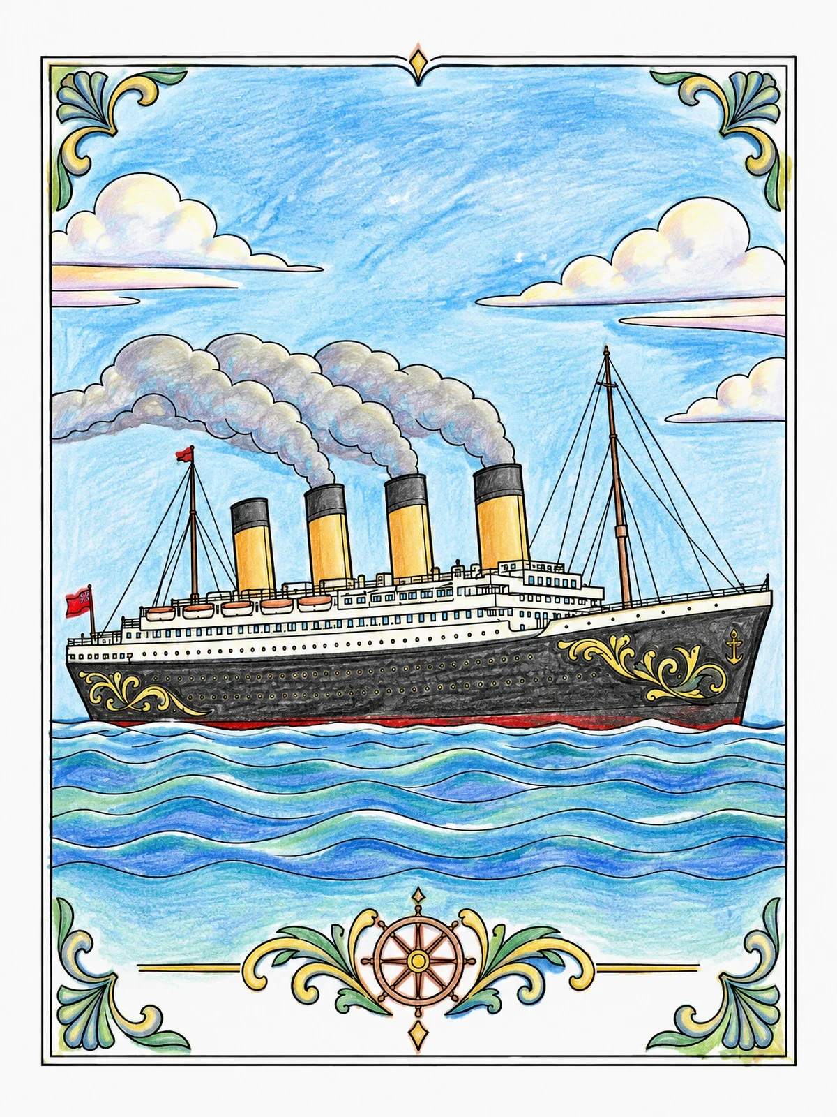 Colored example of the Titanic Ocean Liner Sailing On Water coloring page