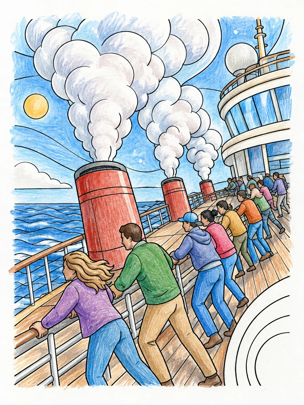 Colored example of the Passengers On Tilting Ocean Liner Deck coloring page