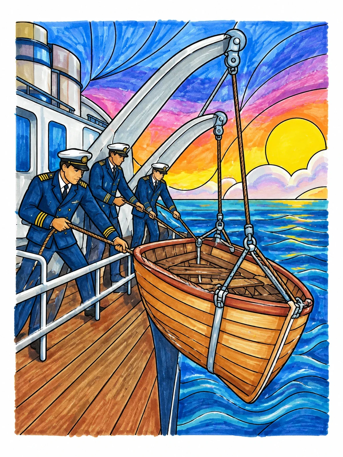 Colored example of the Ship Officers Lowering A Lifeboat coloring page