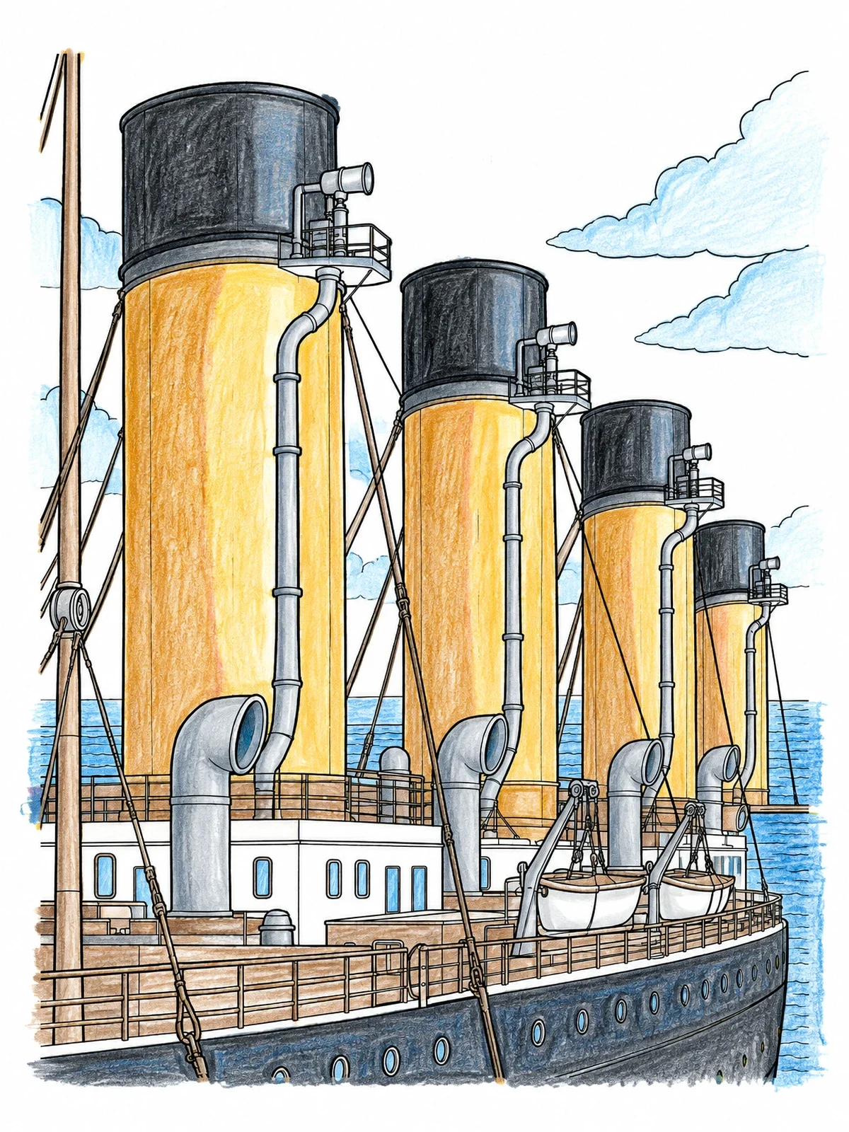 Colored example of the Titanic Smokestacks And Boat Deck coloring page